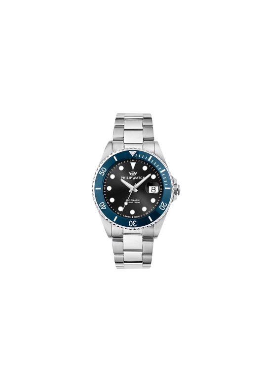 Philip Watch Caribe Diving R8223597117 automatico uomo 42 mm con quadrante nero, lunetta blu, cassa in acciaio e bracciale argentato.