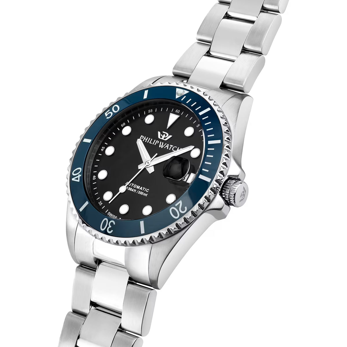 Philip Watch Caribe Diving R8223597117 automatico uomo 42 mm con quadrante nero, lunetta blu, cassa in acciaio e bracciale argentato.