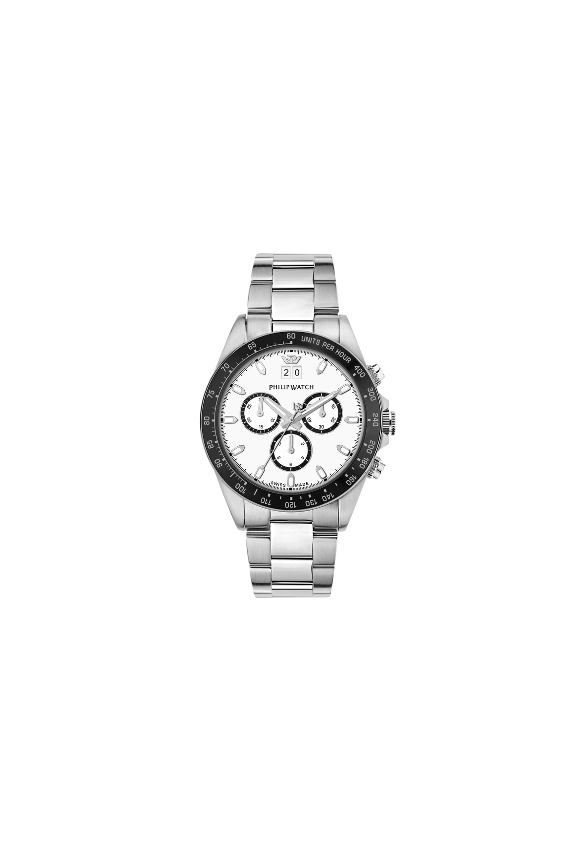 Philip Watch Caribe R8273607009 cronografo uomo 42 mm con quadrante bianco, contatori bordati di nero, lunetta nera e bracciale in acciaio argentato.