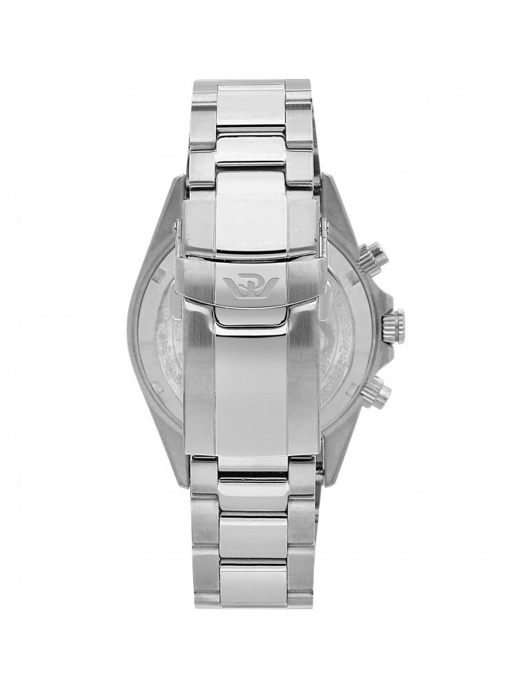 Philip Watch Caribe R8273607009 cronografo uomo 42 mm con quadrante bianco, contatori bordati di nero, lunetta nera e bracciale in acciaio argentato.