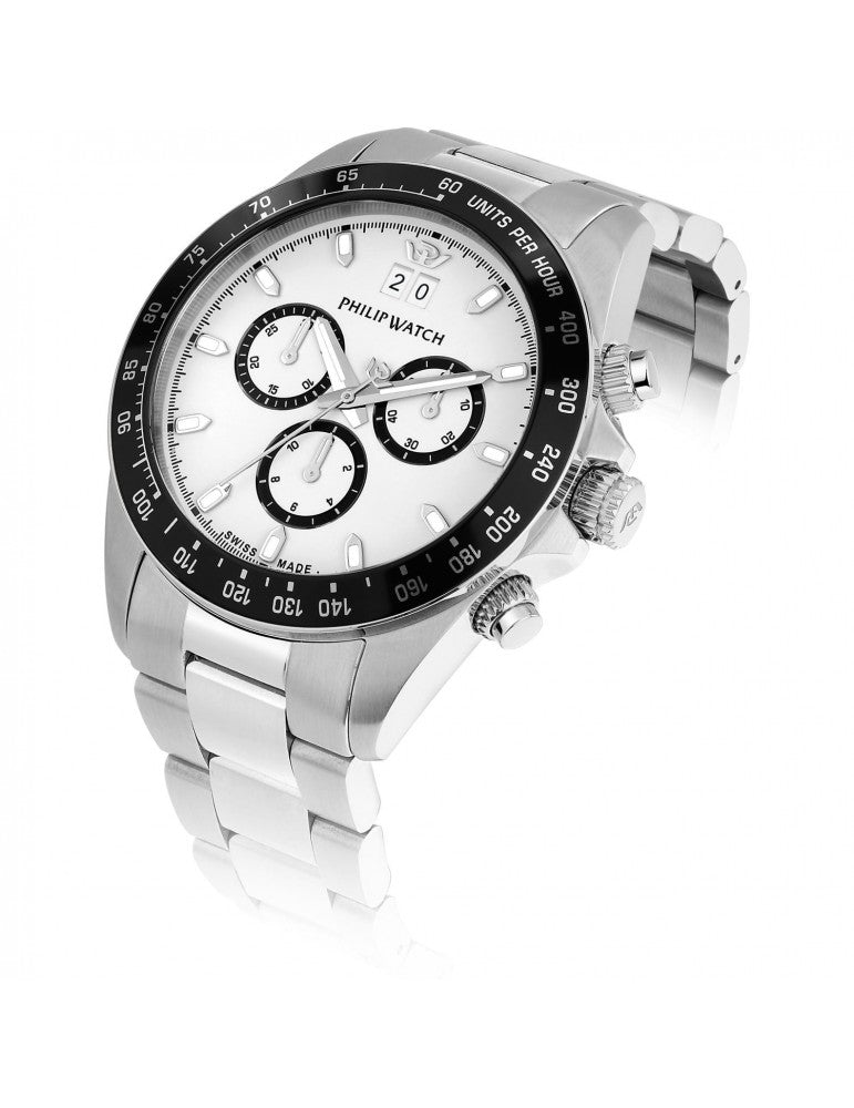 Philip Watch Caribe R8273607009 cronografo uomo 42 mm con quadrante bianco, contatori bordati di nero, lunetta nera e bracciale in acciaio argentato.