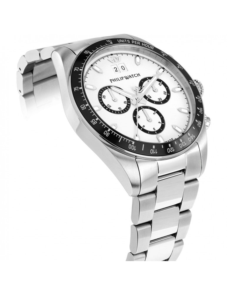 Philip Watch Caribe R8273607009 cronografo uomo 42 mm con quadrante bianco, contatori bordati di nero, lunetta nera e bracciale in acciaio argentato.