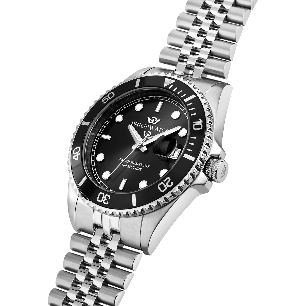 Philip Watch Caribe Sport R8253597127 uomo 42 mm con quadrante nero, lunetta nera, cassa in acciaio e bracciale argentato.