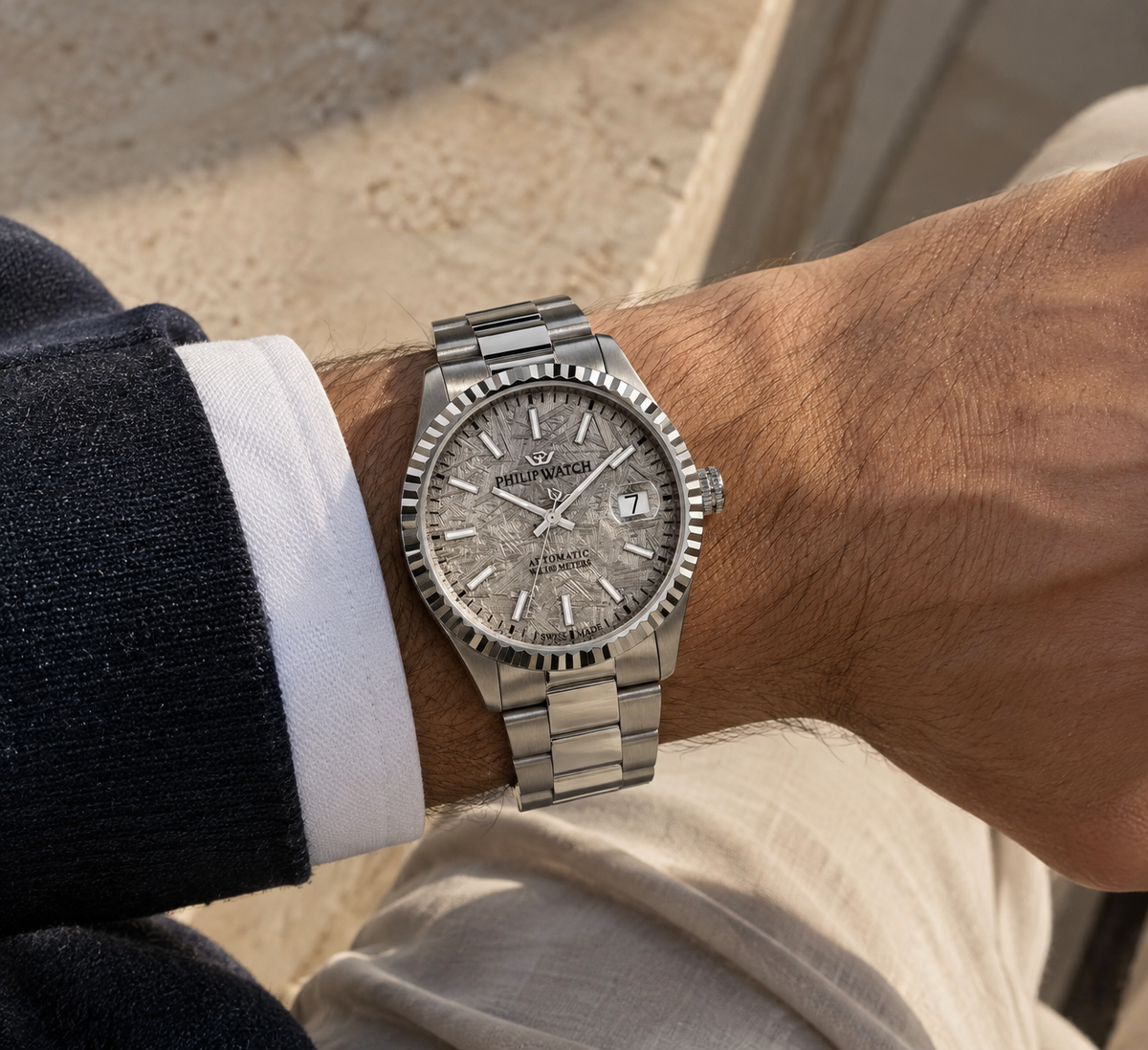 Philip Watch Caribe Urban R8223597038 automatico uomo 39 mm con quadrante grigio effetto meteorite, cassa in acciaio e bracciale argentato.