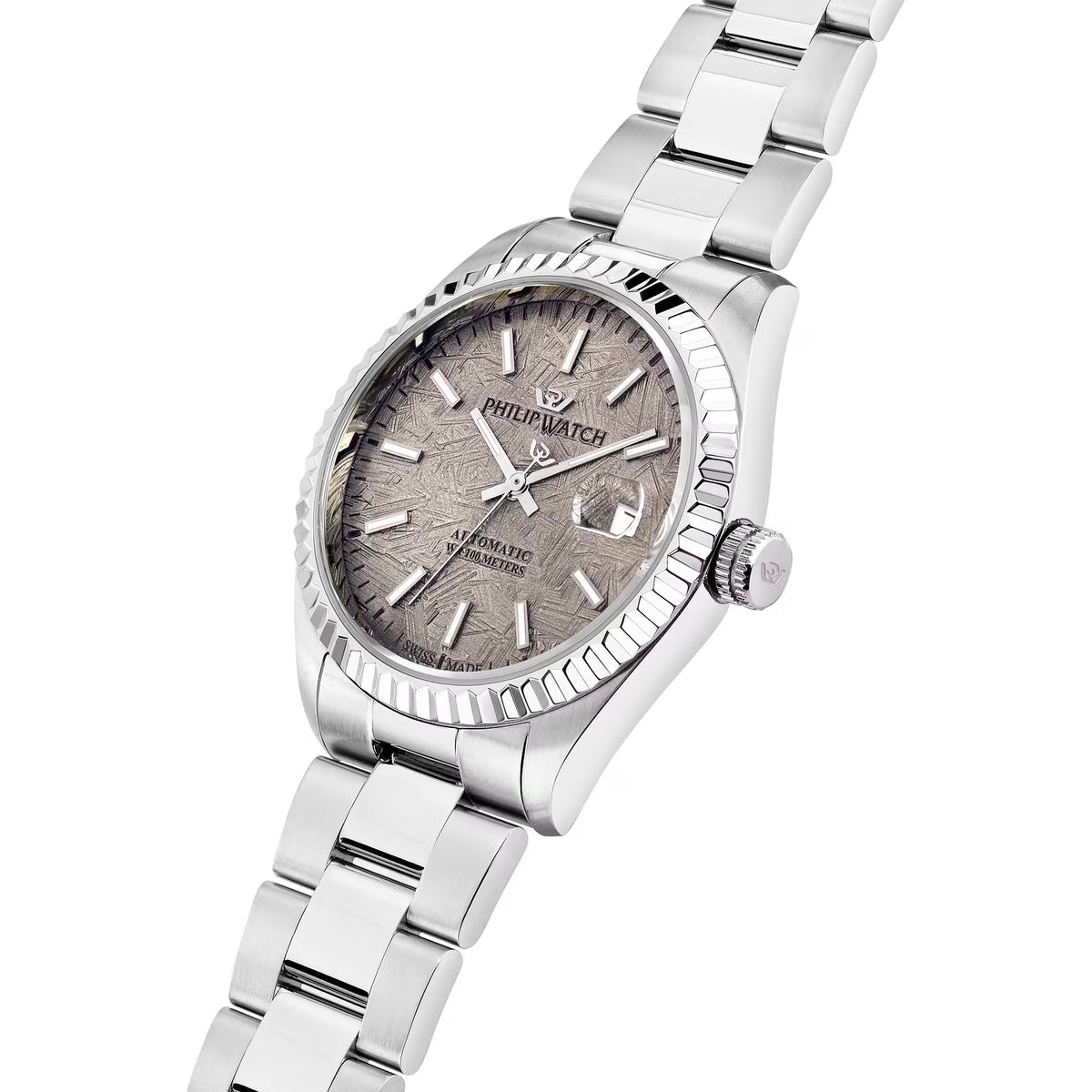 Philip Watch Caribe Urban R8223597038 automatico uomo 39 mm con quadrante grigio effetto meteorite, cassa in acciaio e bracciale argentato.