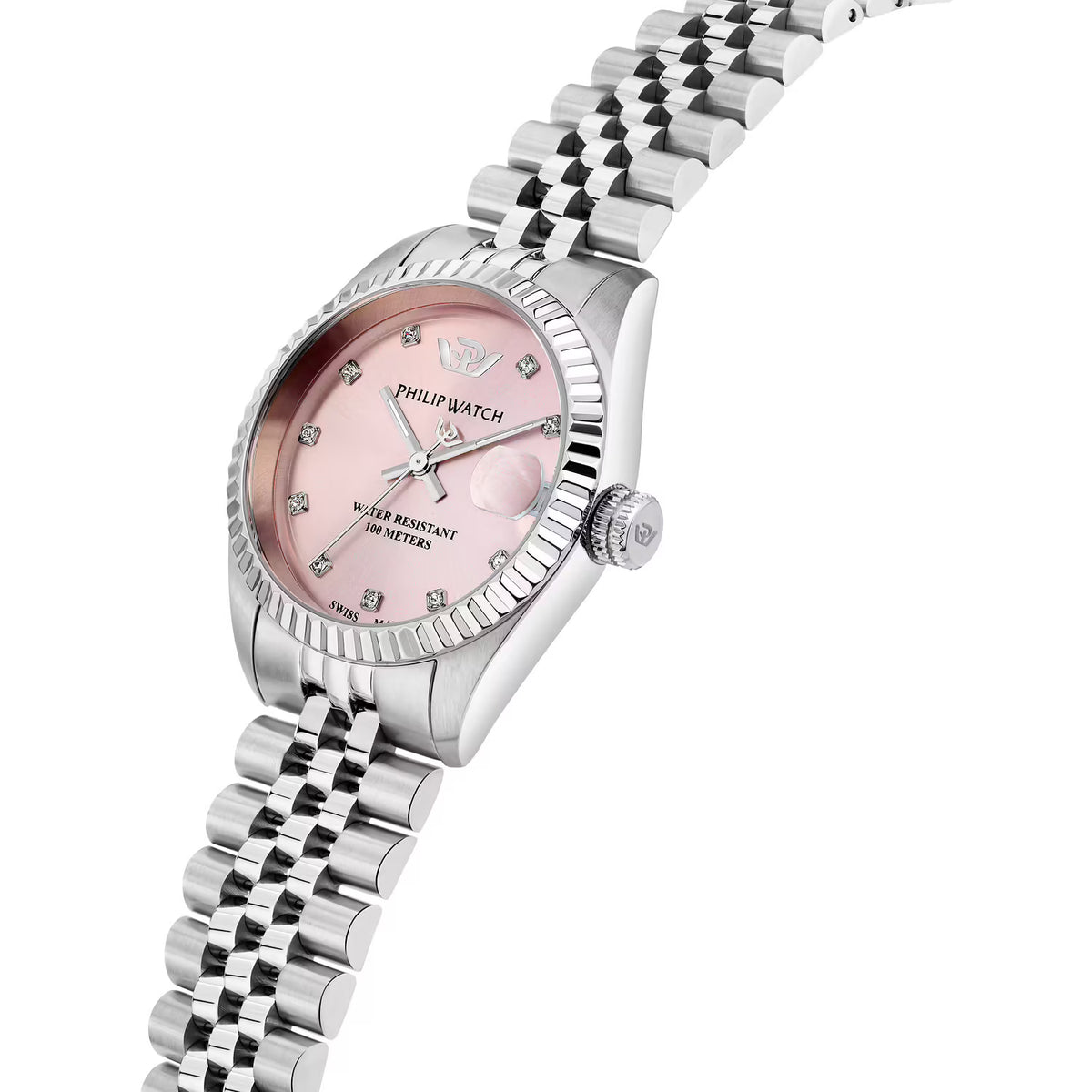 Philip Watch Caribe Urban R8253597639 donna 31 mm con quadrante rosa e diamanti, cassa in acciaio e bracciale argentato.