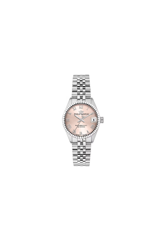 Orologio Philip Watch Caribe R8253597599 da donna, cassa rettangolare 39x31 mm in acciaio satinato rosa, bracciale in metallo color argento, quadrante multifunzione e vetro zaffiro.

