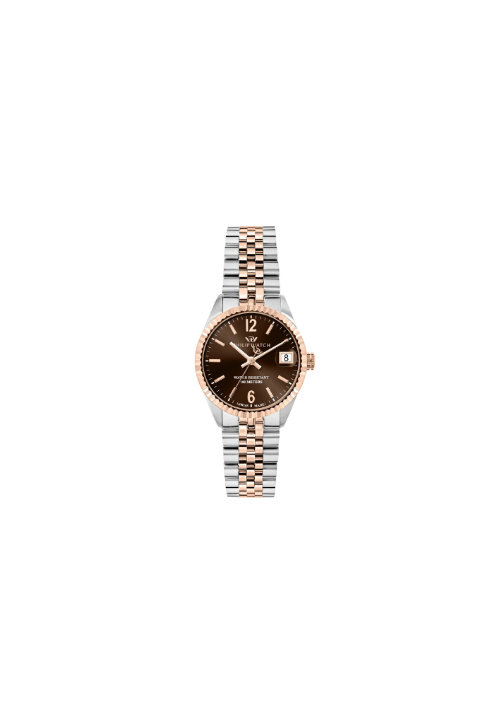 Orologio donna Philip Watch R8253597660 collezione Caribe, cassa 31 mm in acciaio, quadrante marrone con datario a lente, vetro zaffiro antiriflesso, bracciale in acciaio e movimento al quarzo Swiss Made.