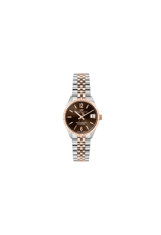 Orologio donna Philip Watch R8253597660 collezione Caribe, cassa 31 mm in acciaio, quadrante marrone con datario a lente, vetro zaffiro antiriflesso, bracciale in acciaio e movimento al quarzo Swiss Made.