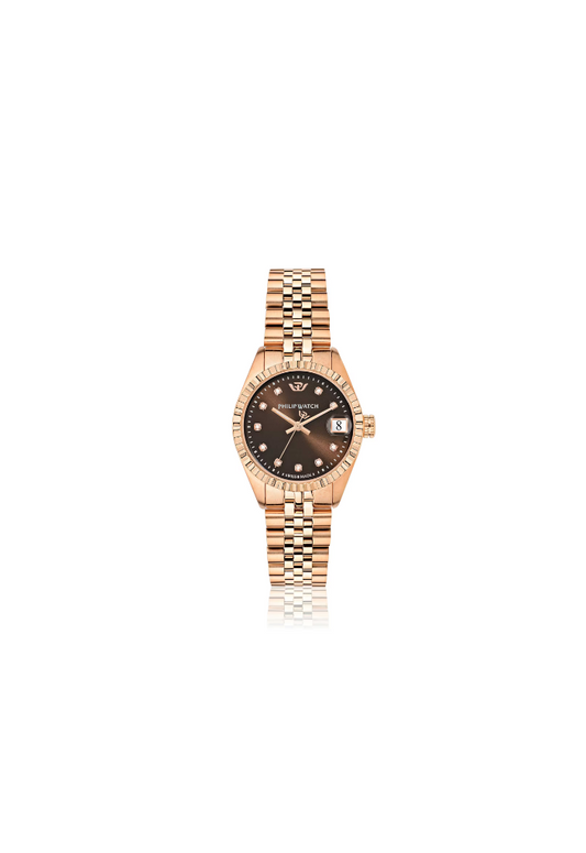 Orologio donna Philip Watch R8253597520 collezione Caribe, cassa rotonda da 31 mm in acciaio oro rosa, quadrante marrone con indici in diamanti e datario a lente, vetro zaffiro antiriflesso, bracciale in acciaio oro rosa, movimento al quarzo Swiss Made.