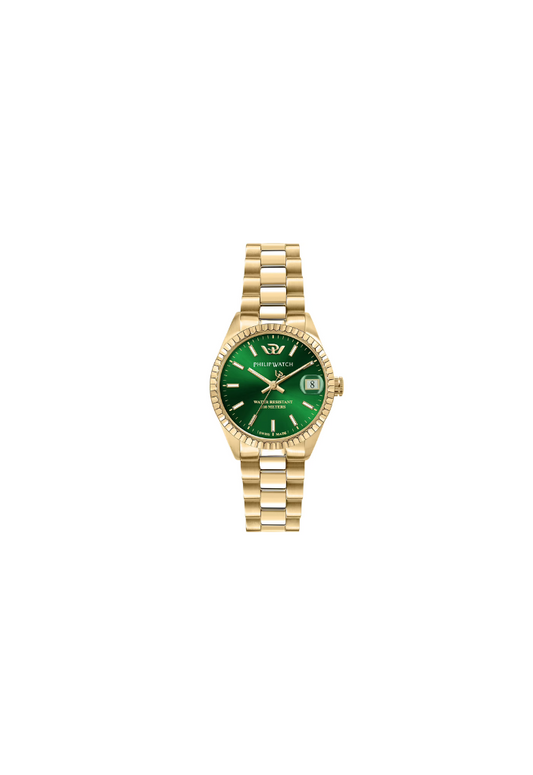 Orologio donna Philip Watch R8253597591 collezione Caribe, cassa 31 mm in acciaio dorato lucido e satinato, vetro zaffiro, bracciale in metallo gold con chiusura a farfalla, movimento al quarzo Swiss Made.