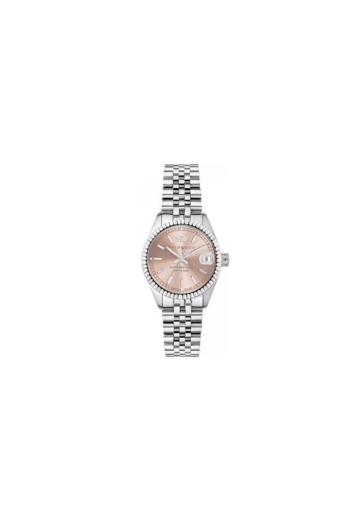 Orologio donna Philip Watch R8253597605 collezione Caribe, cassa rettangolare 39x31,3 mm in acciaio rosa satinato, vetro zaffiro, bracciale in metallo argento con chiusura deployante, movimento al quarzo Swiss Made.