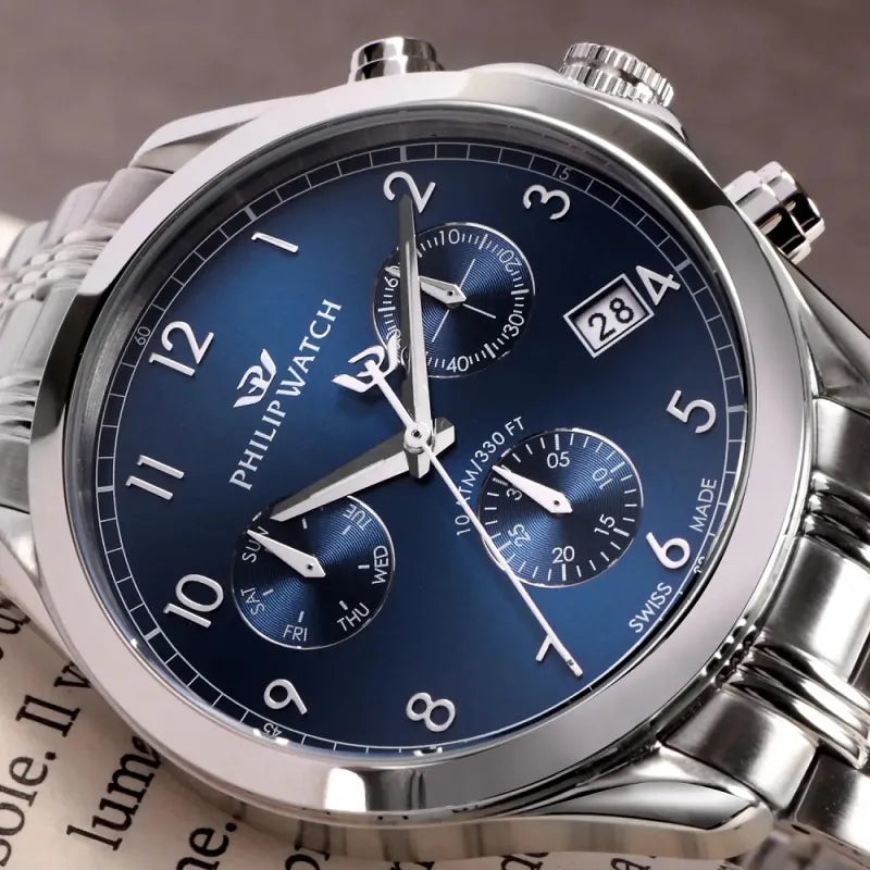 Philip Watch R8273665005 cronografo uomo Swiss Made – quadrante blu, cassa 41mm acciaio, cinturino metallo, vetro minerale, datario.
