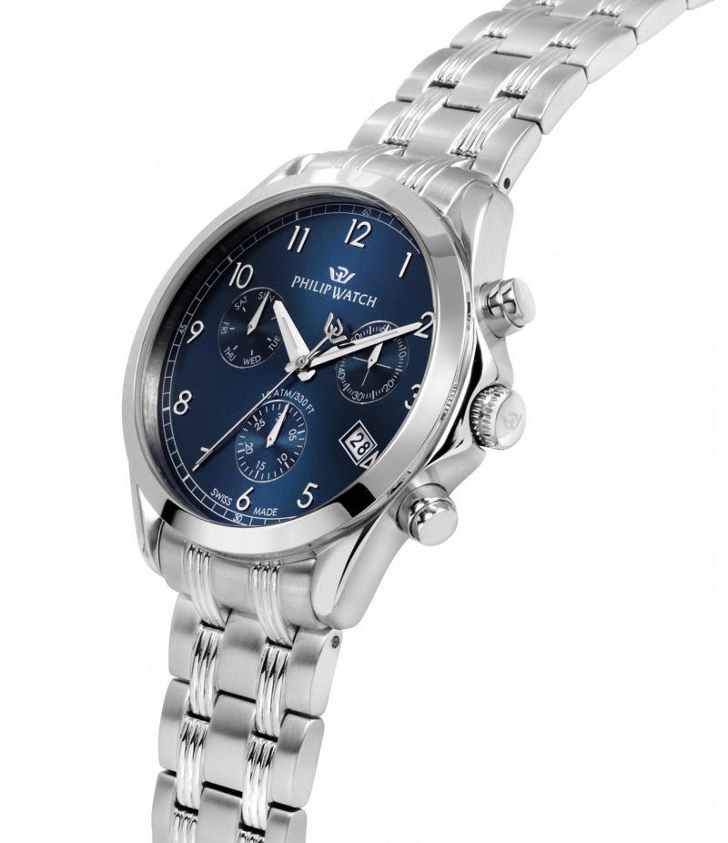 Philip Watch R8273665005 cronografo uomo Swiss Made – quadrante blu, cassa 41mm acciaio, cinturino metallo, vetro minerale, datario.