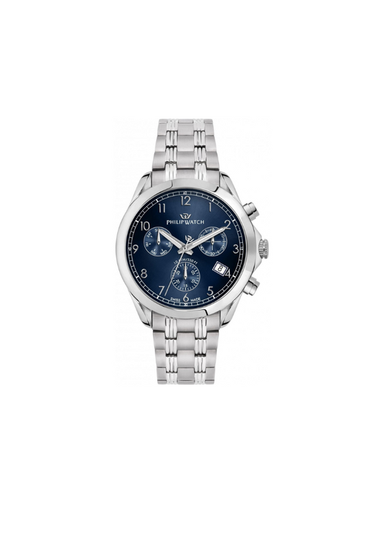 Philip Watch R8273665005 cronografo uomo Swiss Made – quadrante blu, cassa 41mm acciaio, cinturino metallo, vetro minerale, datario.
