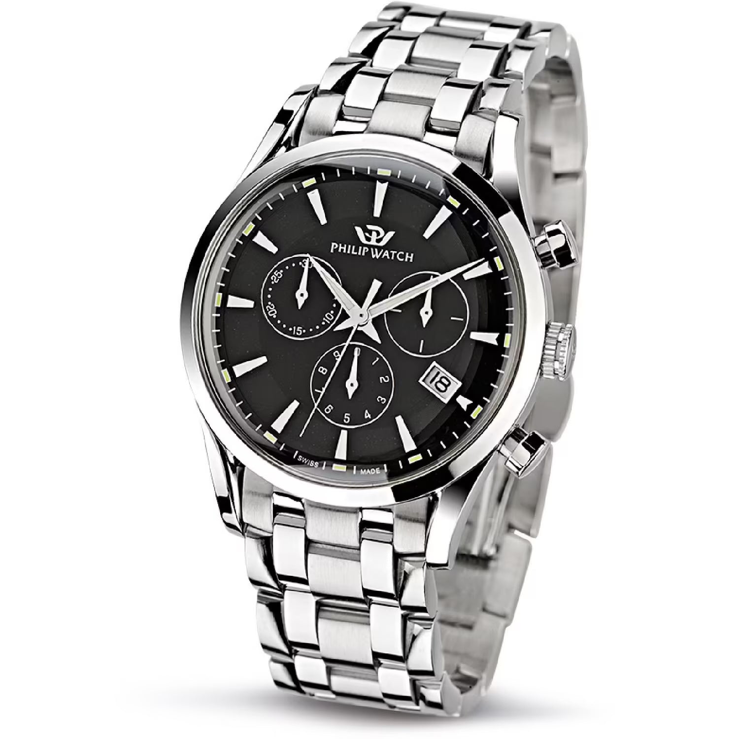 Philip Watch R8273908165 cronografo uomo Swiss Made – cassa rettangolare 49.2x39mm, quadrante nero Sunray, cinturino acciaio.