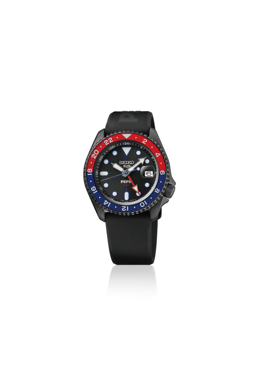 Seiko 5 Sports GMT Pepsi Limited Edition SSK047K1 orologio automatico uomo quadrante nero lunetta Pepsi rossa blu calibro 4R34 cassa acciaio 42,5 mm