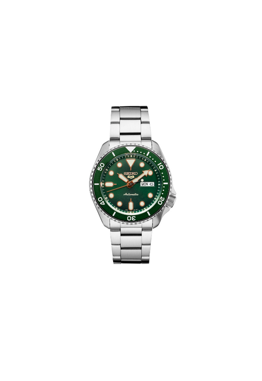 Seiko 5 Sports SRPD63K1 automatico, quadrante verde sunburst, acciaio 42,5 mm, bracciale metallo, codice SRPD63K1.