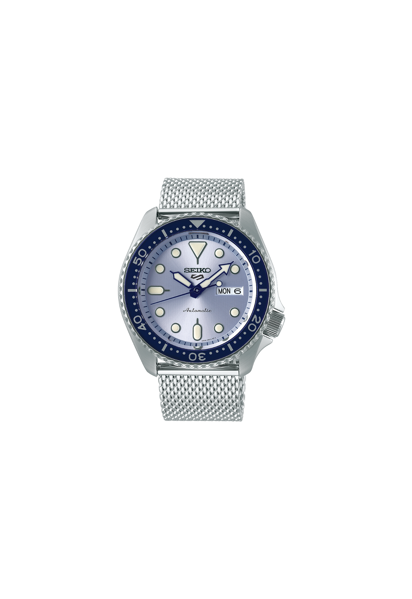 Acquista il Seiko 5 Sports SRPE77 con movimento automatico 4R36, quadrante Ice Blue, cassa da 42,5 mm e bracciale originale in acciaio a maglia milanese.