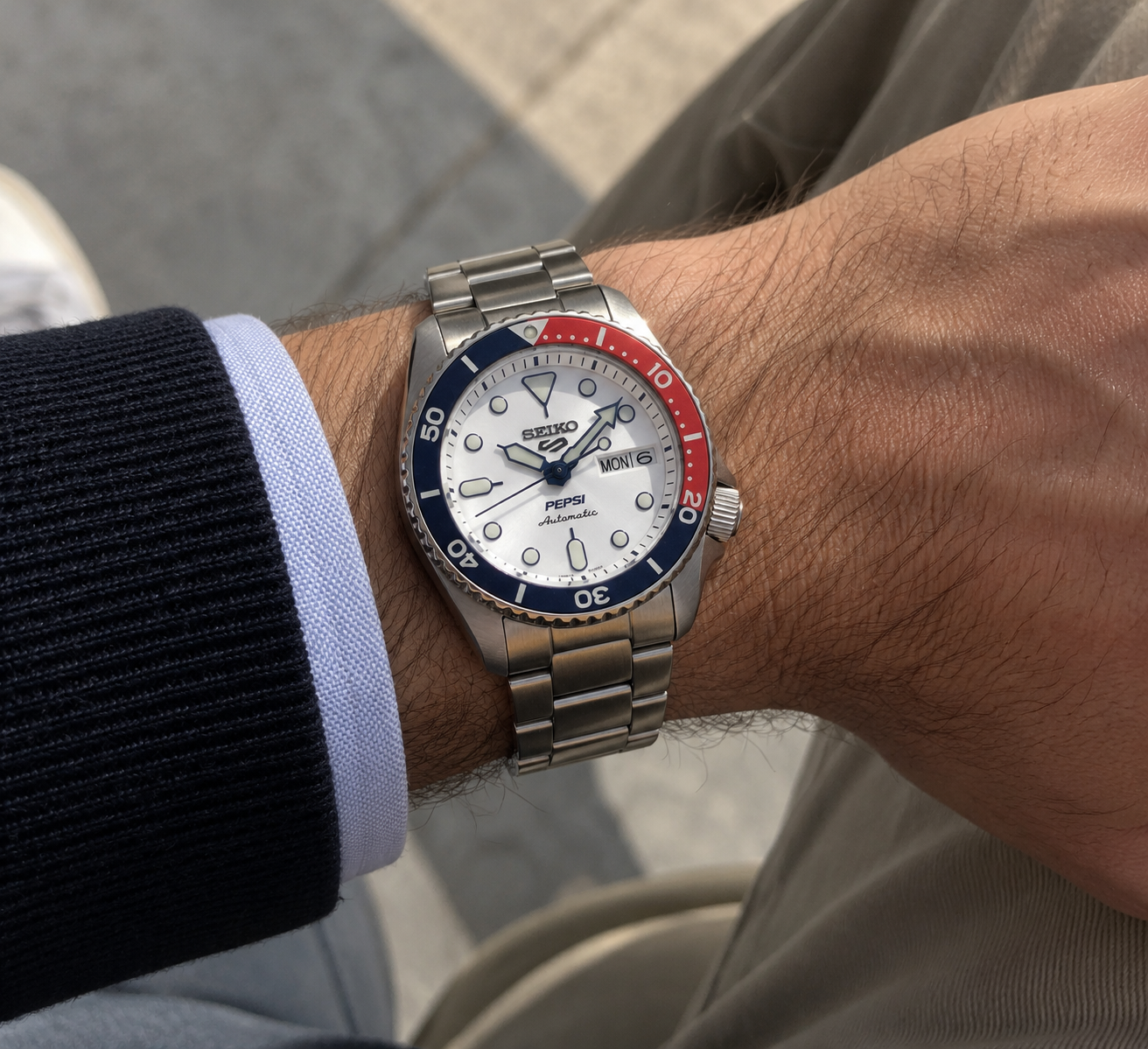 Seiko 5 Sports SRPL99K1 automatico 38mm quadrante argento Pepsi acciaio