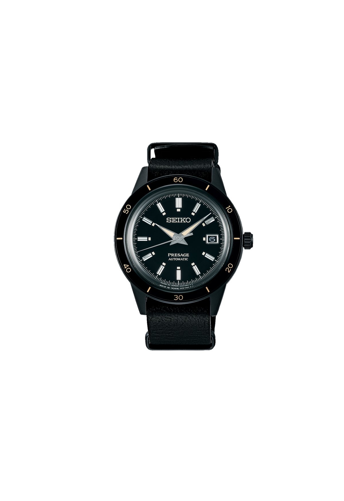 Seiko Presage Style 60's SRPH95J1 automatico 40,8 mm con quadrante nero, cassa PVD nera e cinturino in pelle nera.