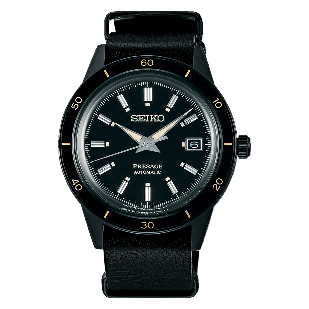 Seiko Presage Style 60's SRPH95J1 automatico 40,8 mm con quadrante nero, cassa PVD nera e cinturino in pelle nera.