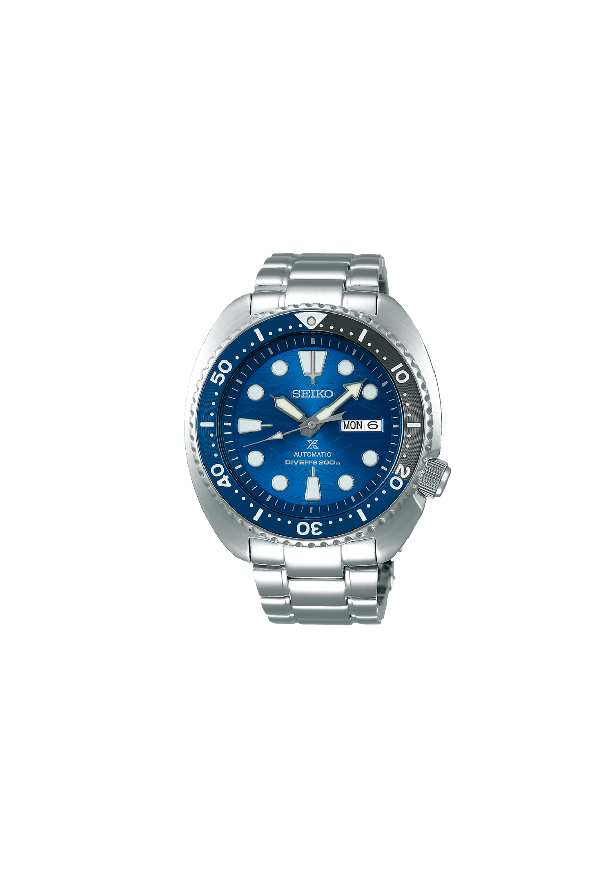Seiko SRPD21J1 Prospex Turtle Save the Ocean automatico con quadrante blu, lunetta blu e nera e bracciale in acciaio.