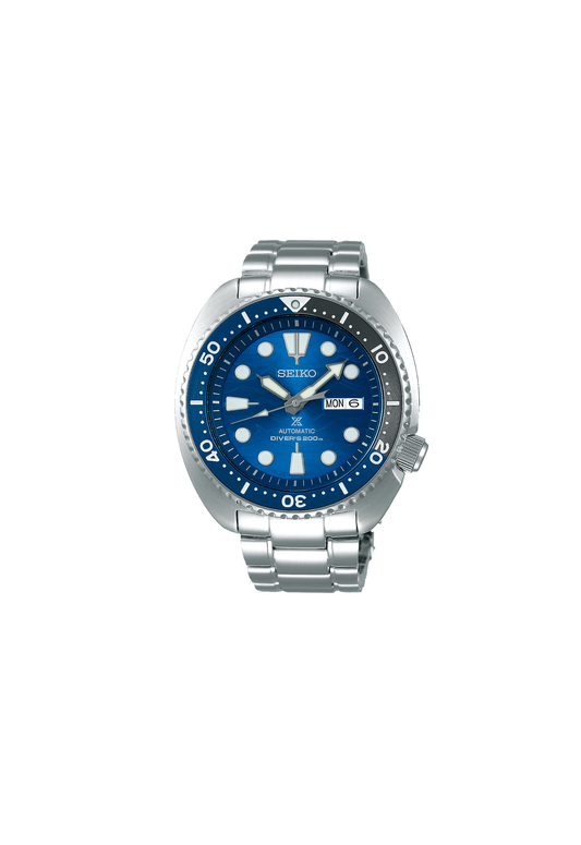 Seiko SRPD21J1 Prospex Turtle Save the Ocean automatico con quadrante blu, lunetta blu e nera e bracciale in acciaio.