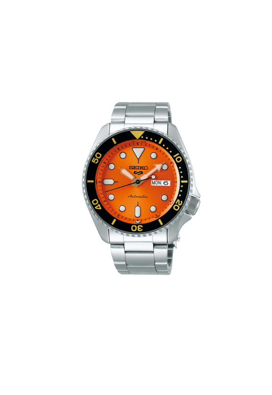 Seiko 5 Sports SRPD59K1 – Automatico, quadrante arancione, cassa 42,5mm in acciaio, lunetta nera, movimento 4R36