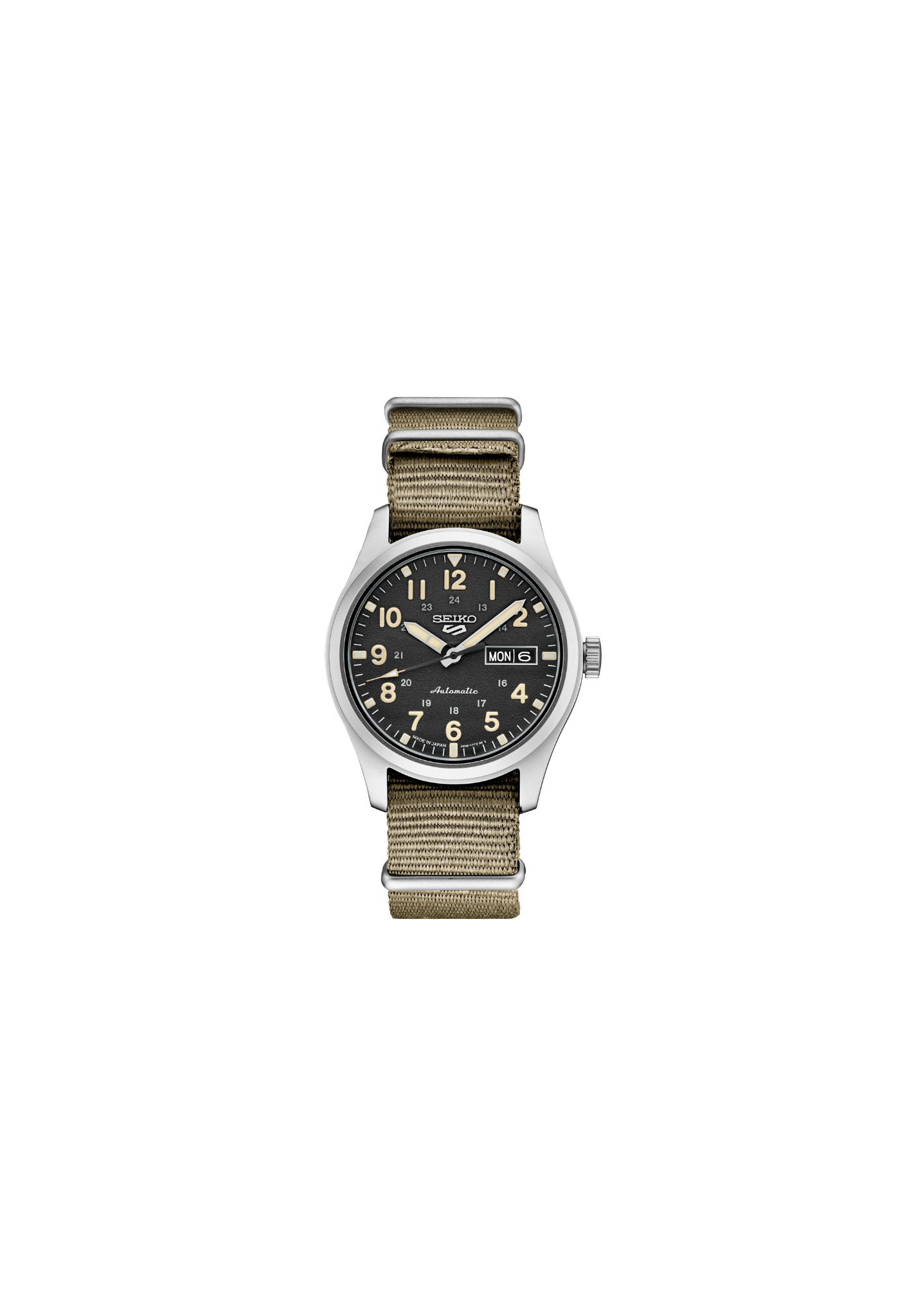 Seiko 5 Sports SRPG37K1 automatico quadrante nero 39.4mm cassa acciaio cinturino marrone pilot khaki