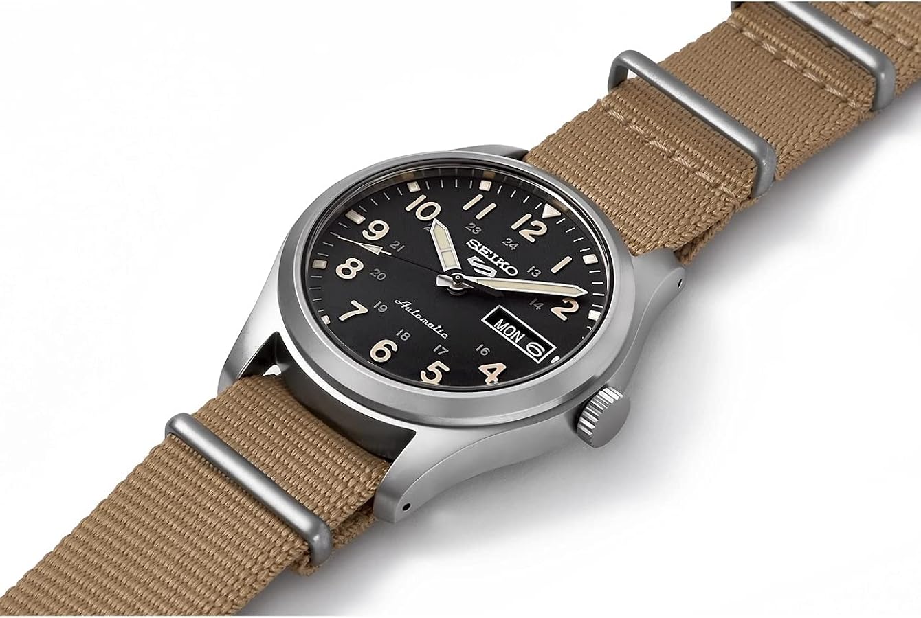 Seiko 5 Sports SRPG37K1 automatico quadrante nero 39.4mm cassa acciaio cinturino marrone pilot khaki
