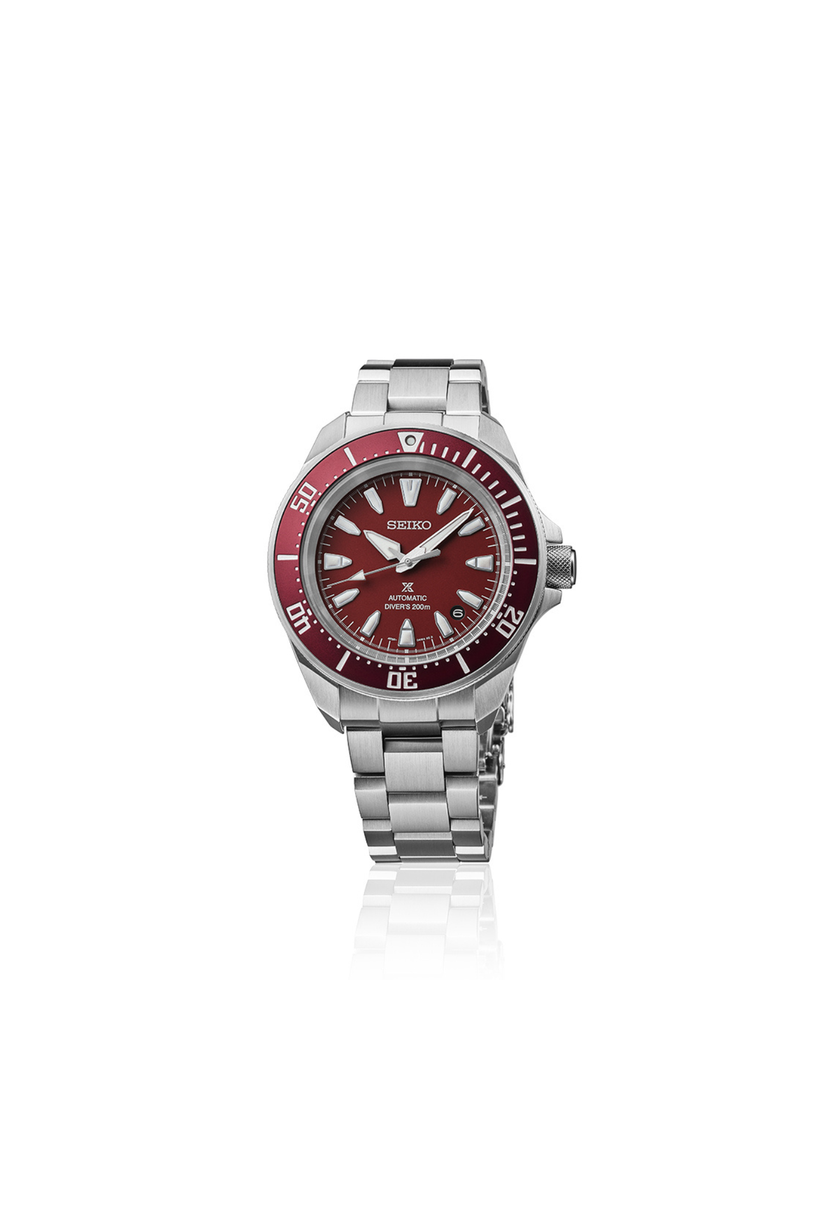 Seiko SRPL-11 Samurai automatico 41,7 mm con quadrante rosso, cassa e bracciale in acciaio.