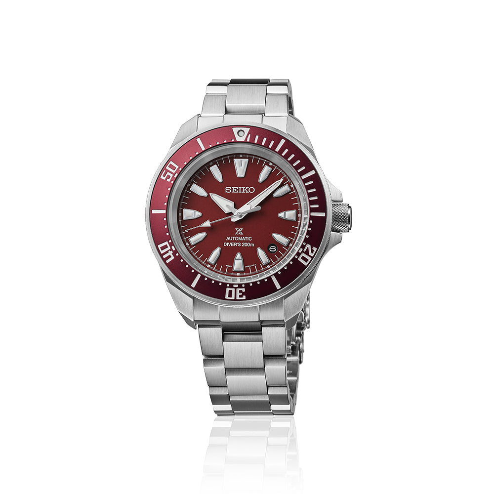 Seiko SRPL-11 Samurai automatico 41,7 mm con quadrante rosso, cassa e bracciale in acciaio.