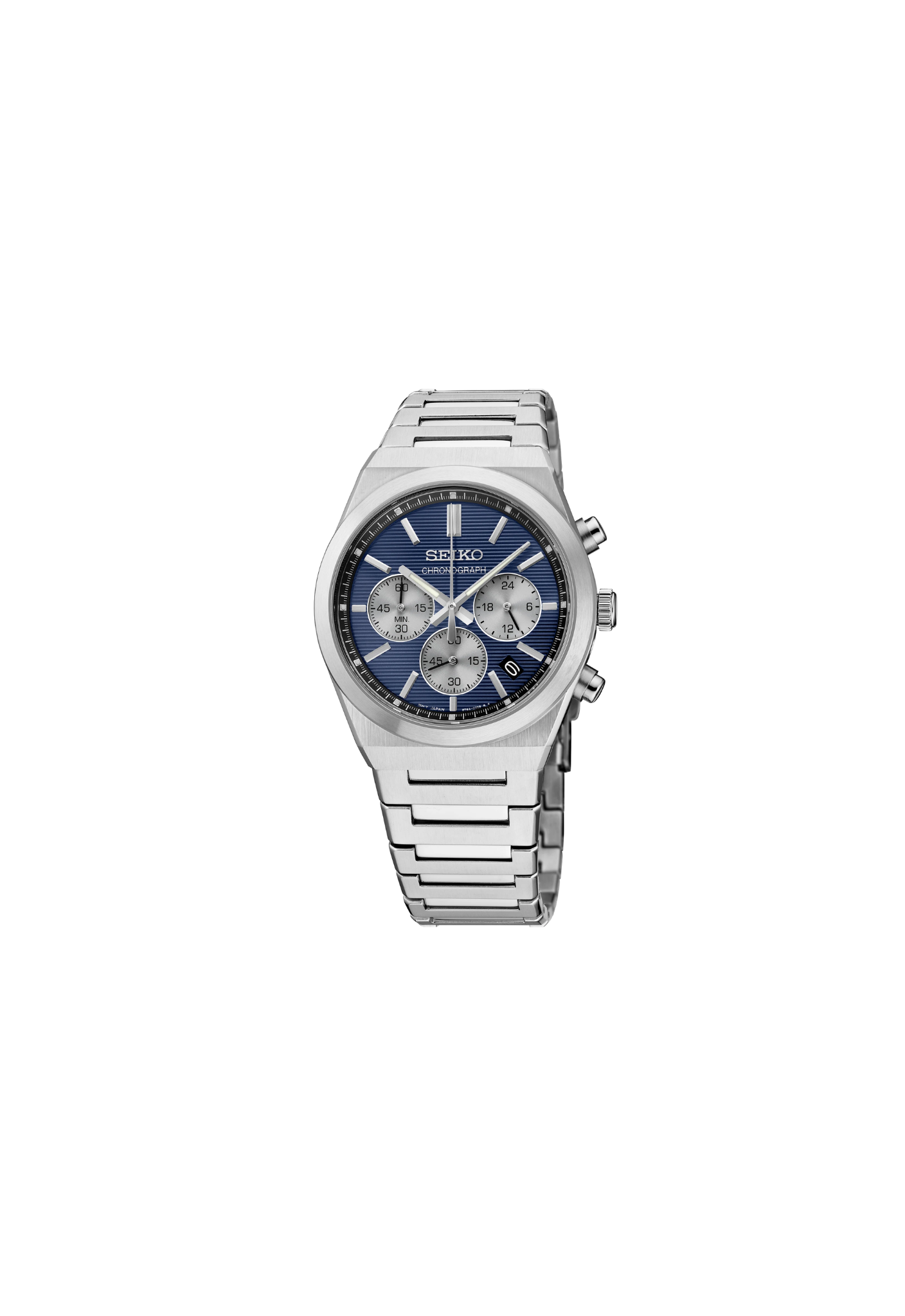 Orologio Seiko SSB453 cronografo da uomo con quadrante blu, cassa in acciaio da 40 mm, bracciale in acciaio e vetro zaffiro.