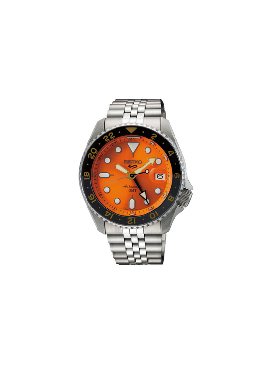 Seiko 5 Sports SSK005K1 – Orologio automatico GMT, quadrante arancione, ghiera bicolore, 42,5mm, movimento 4R34