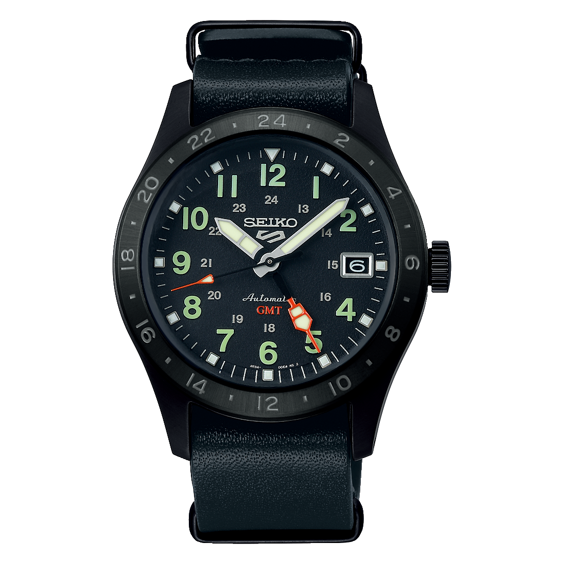 Seiko SSK025 automatico GMT 39,4 mm con cassa in acciaio, quadrante e cinturino in pelle.