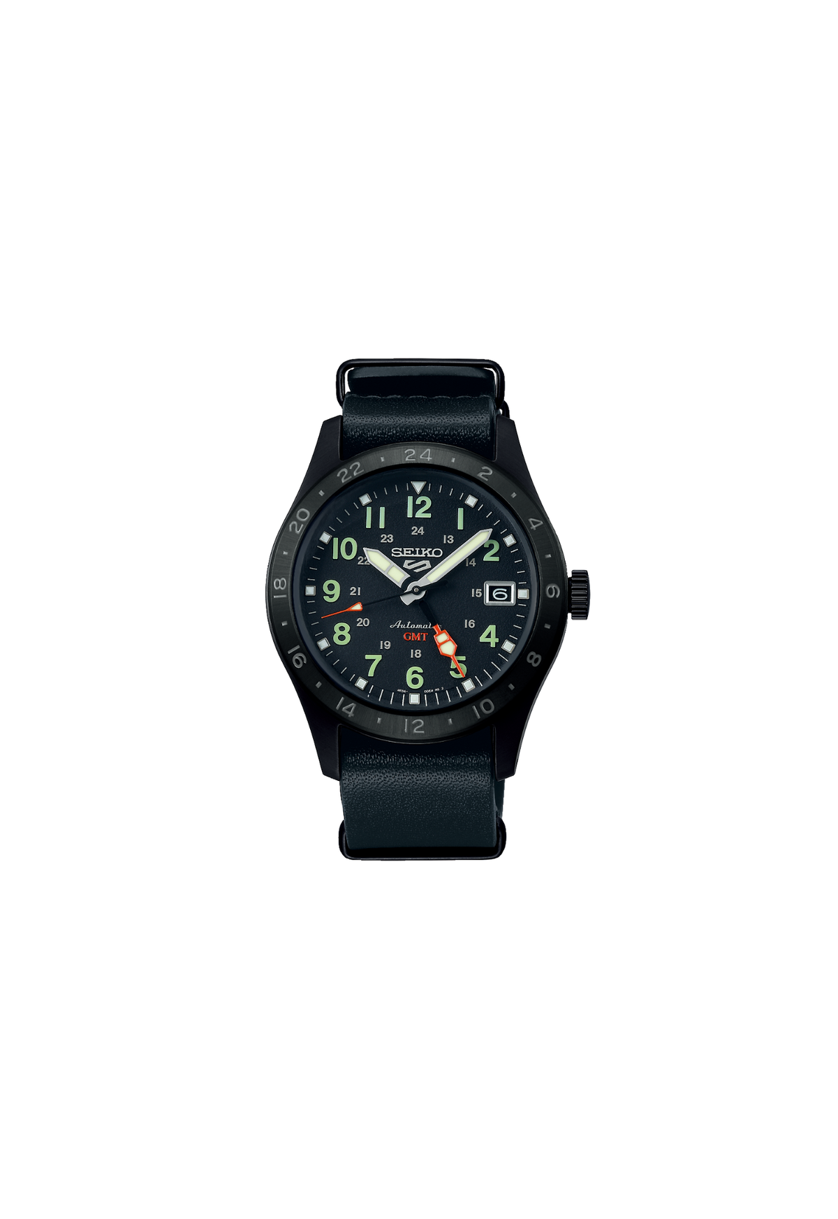 Seiko SSK025 automatico GMT 39,4 mm con cassa in acciaio, quadrante e cinturino in pelle.
