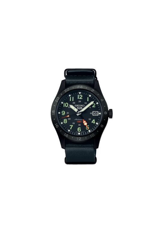 Seiko SSK025 automatico GMT 39,4 mm con cassa in acciaio, quadrante e cinturino in pelle.