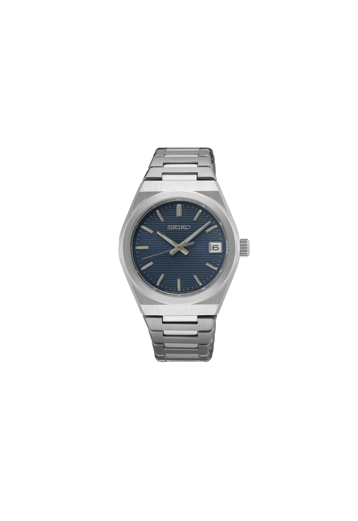 Seiko SUR575P1 Classic donna 34 mm con quadrante blu a striature orizzontali, cassa in acciaio, vetro zaffiro e bracciale integrato.