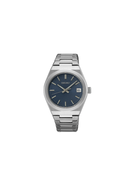 Seiko SUR575P1 Classic donna 34 mm con quadrante blu a striature orizzontali, cassa in acciaio, vetro zaffiro e bracciale integrato.