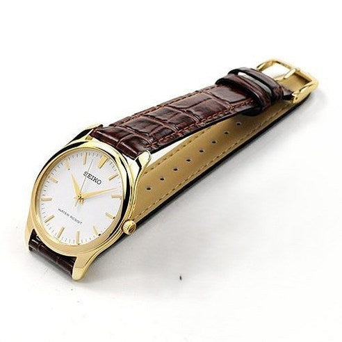 Seiko Spirit SCXP032 orologio uomo quarzo con quadrante bianco, cassa dorata da 35 mm, vetro Hardlex e cinturino in pelle marrone.