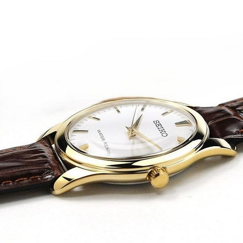 Seiko Spirit SCXP032 orologio uomo quarzo con quadrante bianco, cassa dorata da 35 mm, vetro Hardlex e cinturino in pelle marrone.