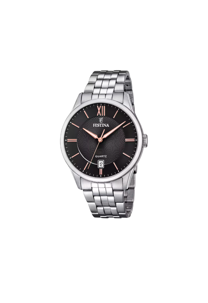 Orologio Festina F20 in acciaio quadrante nero e dettagli colore oro rosa