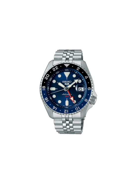 Seiko SSK003K1 orologio uomo automatico GMT 42,5mm cassa acciaio inox quadrante blu lunetta bicolore Batman vetro Hardlex bracciale jubilee resistente sportivo Lumibrite 4R34 datario

