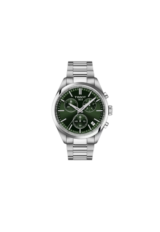 Tissot PR 100 quarzo Swiss Made 40mm T150.417.11.091.00 con quadrante verde, cronografo, vetro zaffiro e cinturino intercambiabile in acciaio

