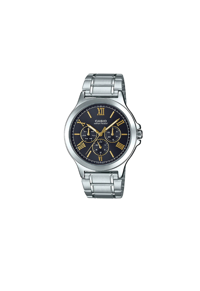 Casio MTP-V300D-1A2UDF – Stile classico con anima moderna
Un orologio elegante che unisce tradizione e praticità. Il Casio MTP-V300D-1A2UDF si distingue per il suo quadrante nero profondo, arricchito da numeri romani color oro che donano un tocco di classe senza tempo. Il tutto racchiuso in una cassa in acciaio da 44 mm, pensata per chi ama distinguersi con discrezione.

Caratteristiche principali:

Quadrante nero con numeri romani oro: Un contrasto elegante che richiama lo stile classico.

Cassa rotonda in