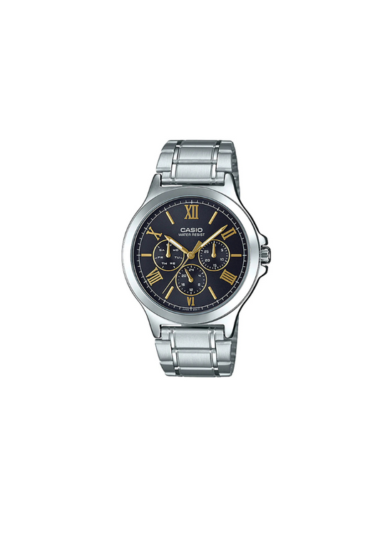 Casio MTP-V300D-1A2UDF – Stile classico con anima moderna
Un orologio elegante che unisce tradizione e praticità. Il Casio MTP-V300D-1A2UDF si distingue per il suo quadrante nero profondo, arricchito da numeri romani color oro che donano un tocco di classe senza tempo. Il tutto racchiuso in una cassa in acciaio da 44 mm, pensata per chi ama distinguersi con discrezione.

Caratteristiche principali:

Quadrante nero con numeri romani oro: Un contrasto elegante che richiama lo stile classico.

Cassa rotonda in
