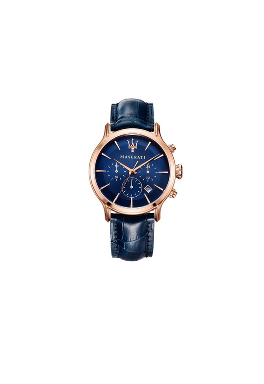 Orologio Maserati Epoca R8871618007 uomo con cassa rose gold 42mm, quadrante blu, cinturino in pelle blu e cronografo.