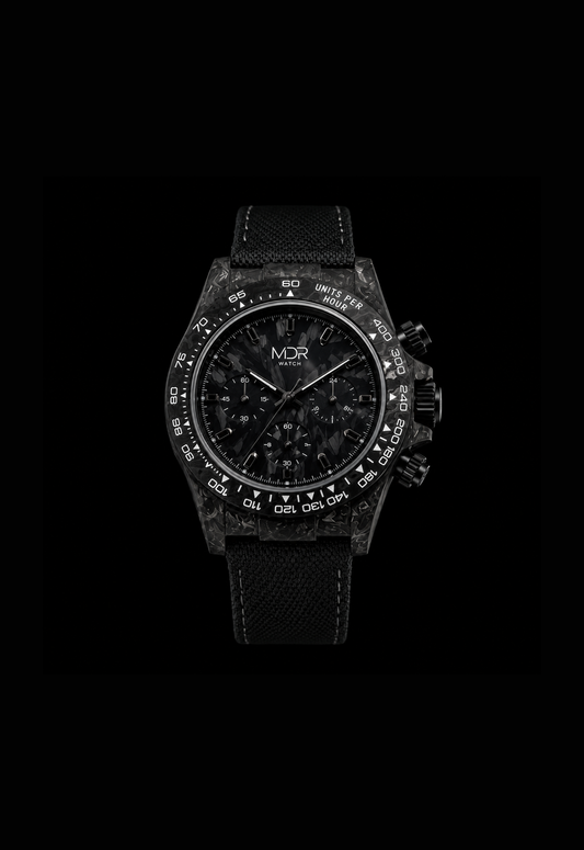 The Custom - Carbon Chronograph 39 custom carbon watch with handcrafted 39mm forged carbon case, luxury automatic chronograph powered by the Peacock SL4802 movement or available with the Seiko VK63 meca-quartz chronograph movement. Bespoke custom luxury watch built to order.