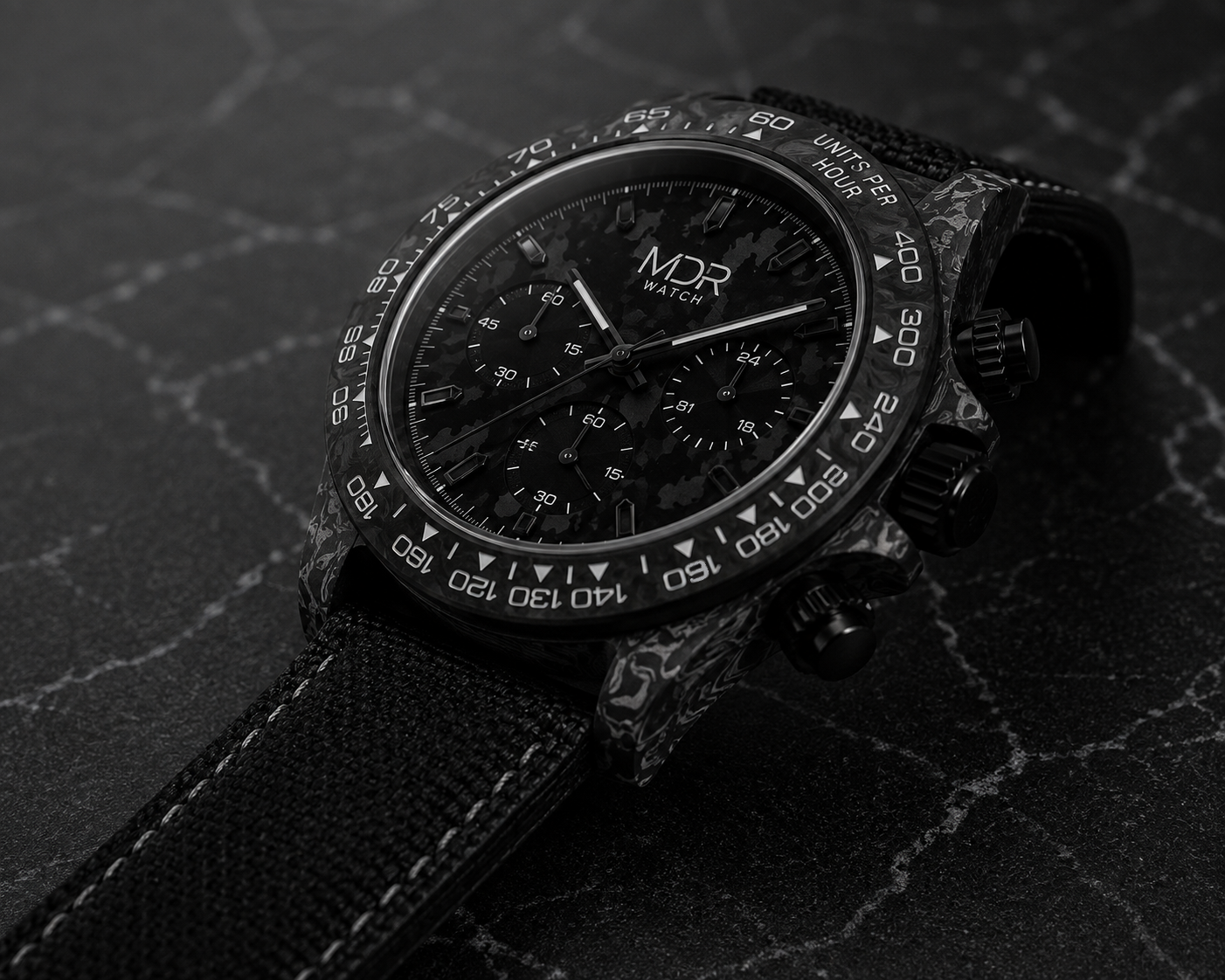 The Custom - Carbon Chronograph 39 custom carbon watch with handcrafted 39mm forged carbon case, luxury automatic chronograph powered by the Peacock SL4802 movement or available with the Seiko VK63 meca-quartz chronograph movement. Bespoke custom luxury watch built to order.